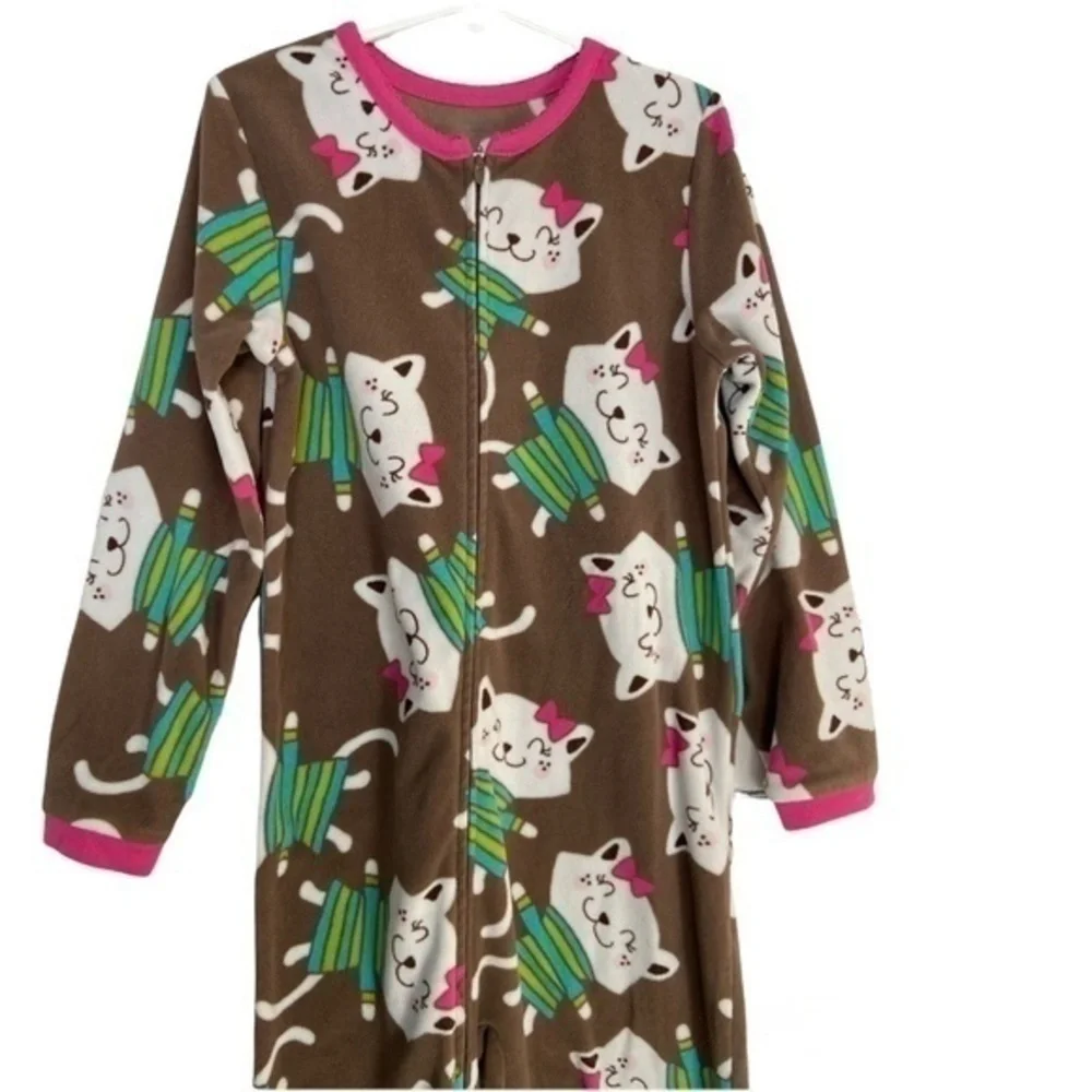 Carters Girls Pajamas Size 6 Fleece Cat Print Zip Up 1 Piece Footless Pajamas